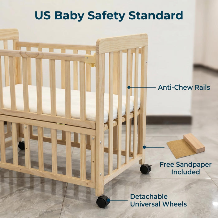 Portable Bedside Bassinet With 3 Adjustable Heights, Mini Crib For Newborns - Natural Wood