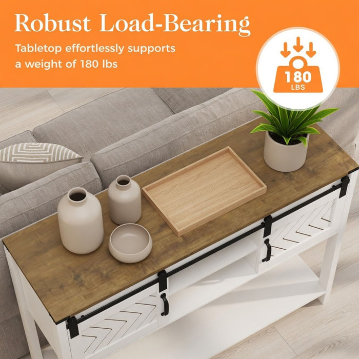 Entryway Table With Sliding Barn Door Storage - White / Oak