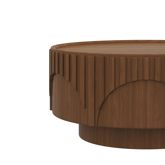 Round Fluted Drum Coffee Table With Sturdy Base For Living Room