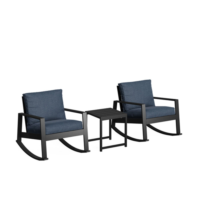 Outdoor Rocking Bistro Set Of 3, Oversized Rocking Chairs With Cushions And Side Table - Black / Blue