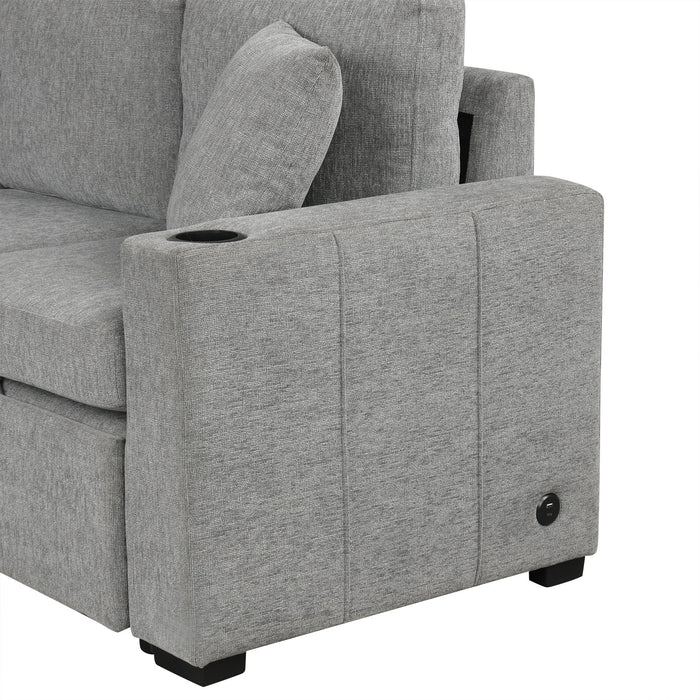 Modern 2 Seater Loveseat Sofa With Pull-Out Bed, Chenille Fabric, Built-In USB Ports & Cup Holders
