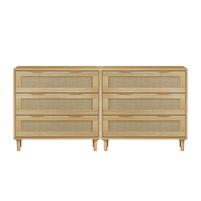 3 Drawers Rattan Storage Cabinet Rattan Drawer, For Bedroom, Living Room, Dining Room, Hallways (Set of 2) - Oak