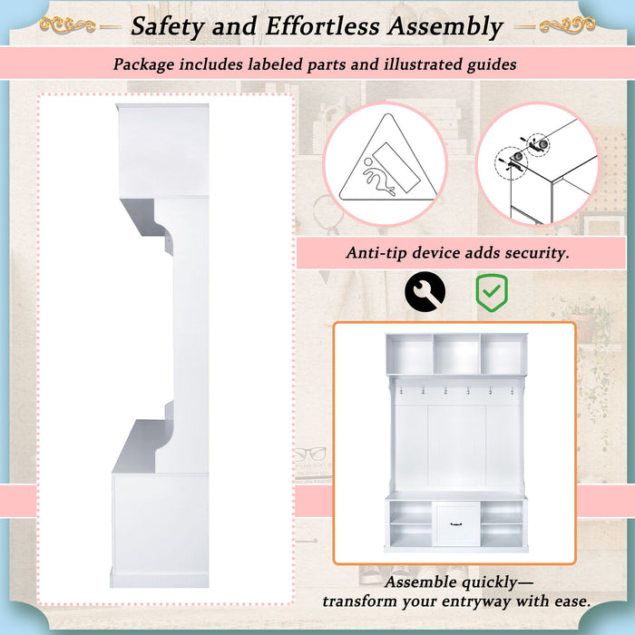 Hall Tree With 6 Hooks, Coat Hanger, Entryway Bench