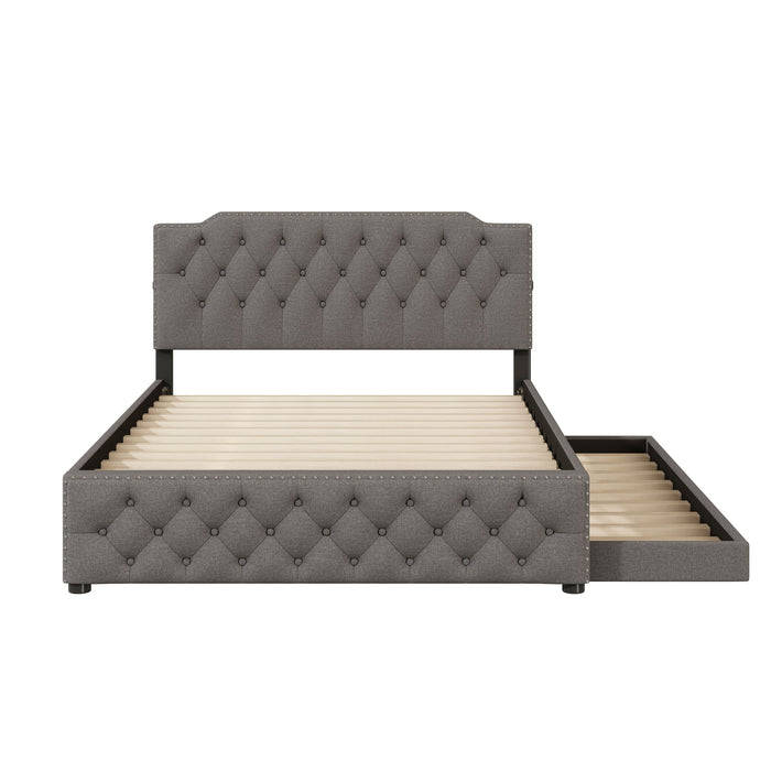 Upholstered Platform Bed With Trundle And 2 Sets Of USB Ports On Each Side, Linen Fabric