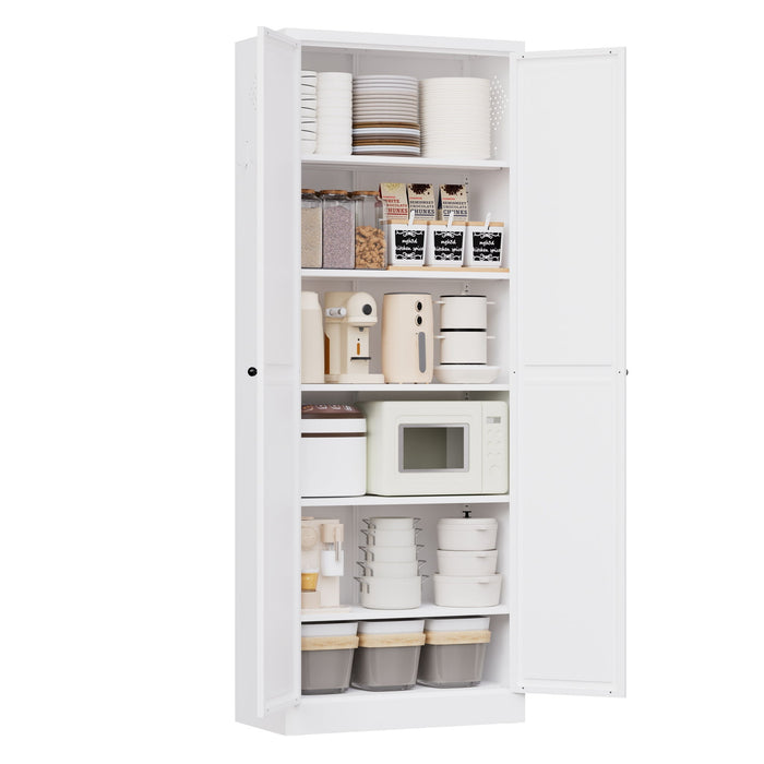 Kitchen Pantry Cabinet With Doors, Heavy-Duty Freestanding Storage Organizer With 5 Adjustable Shelves, Tool Free Assembly - White