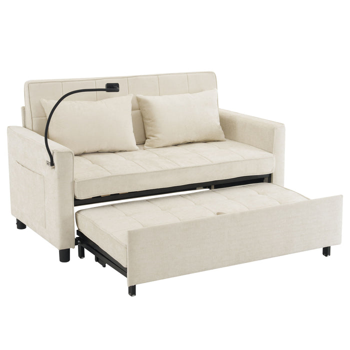 Pull-Out Sleeper Sofa With Reversible Backrest Cushion, Side Pockets, 2 USB Ports And A Phone Holder For Living Room