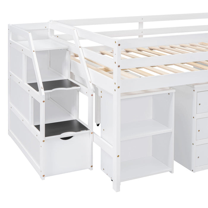 Loft Bed With Retractable Writing Desk And 3 Drawers With Storage Stairs And Shelves