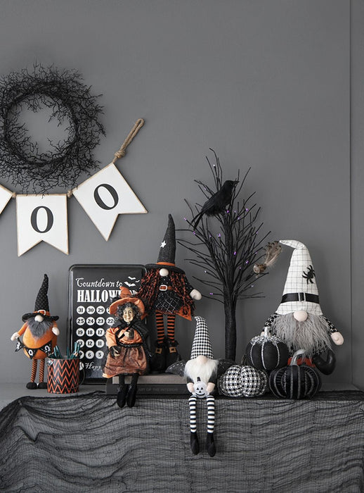 Standing Gnome With Banner & Spring Body, For Halloween Decor - Black / Orange / White