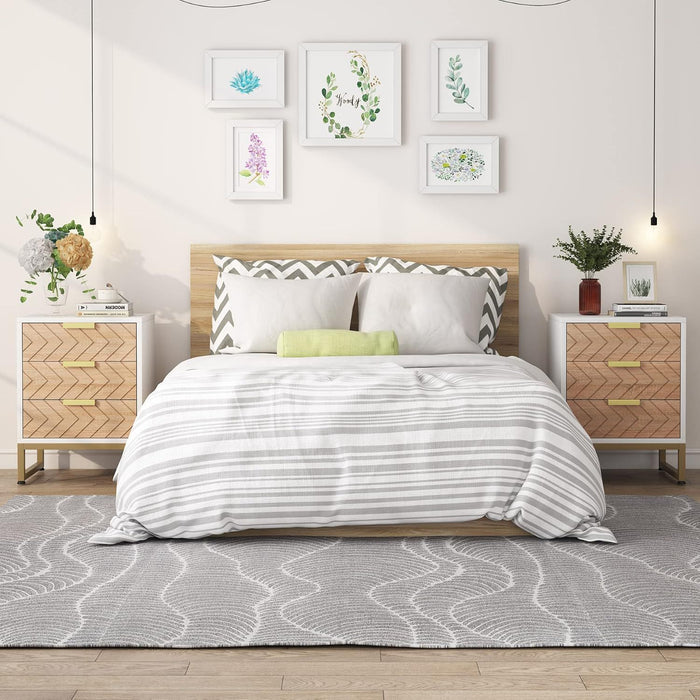 Nightstands With 3 Drawers, Zig Zag Design (Set of 2) - White / Oak