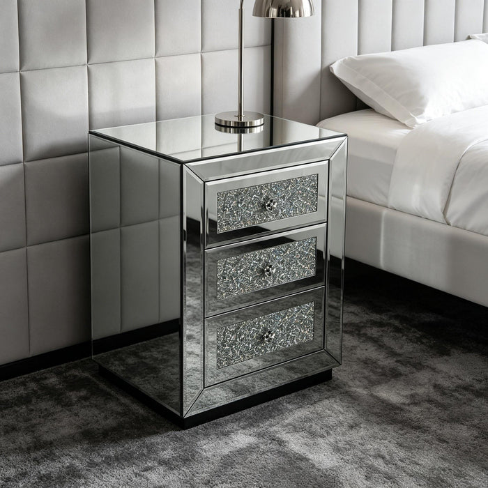3 Drawer Nightstand With Glass Accents, Bedside Table For Bedroom - Silver