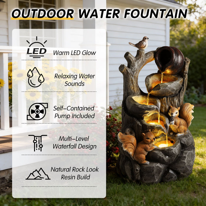 Outdoor Squirrel, Tiered Waterfall Fountain With LED Light For Patio - Gray