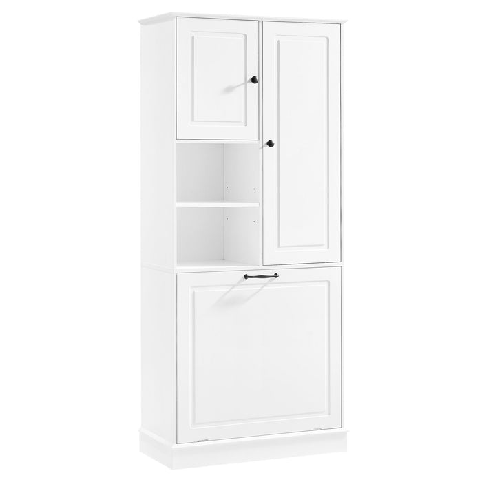 Modern Tall Storage Cabinet With Adjustable Shelves, Flip-Out Basket & Enclosed Doors