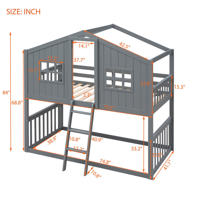 House Bunk Bed With Ladder, Wood Bed