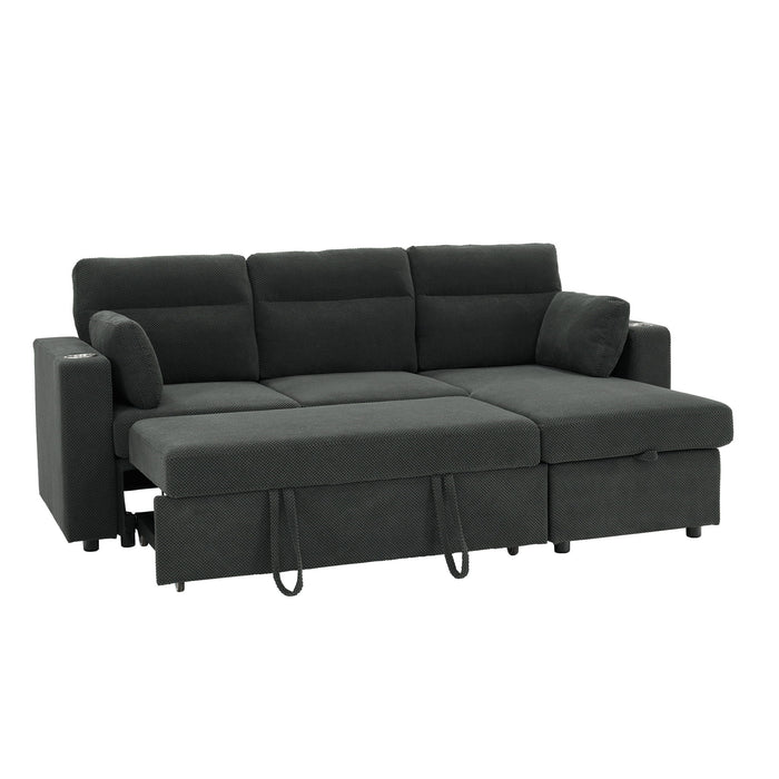 Convertible L - Shaped Sectional Sofa Bed With Storage Chaise, Cup Holders