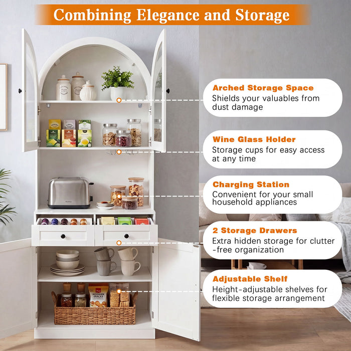 Tall Arched Pantry Cabinet With Charging Station, Adjustable Shelves, Coffee Bar