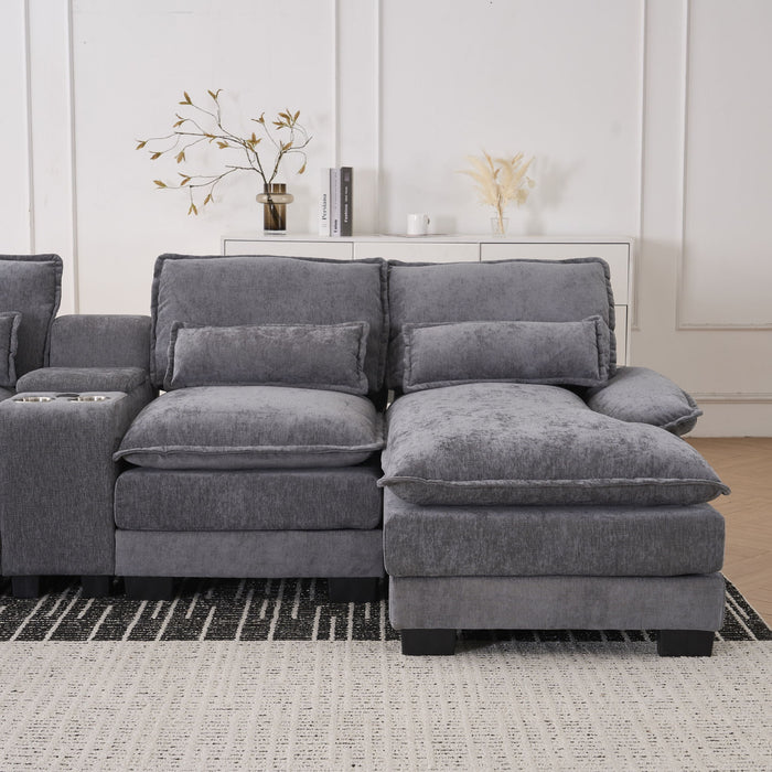 U Shaped Sofa With Console, Cupholders, USB Ports, 6 Seat, Bronzing Suede & Chenille