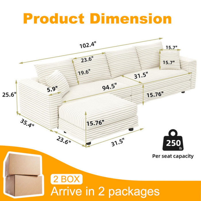 Plush Corduroy 4 Seat Sofa With Soft Pillows And Movable Ottoman