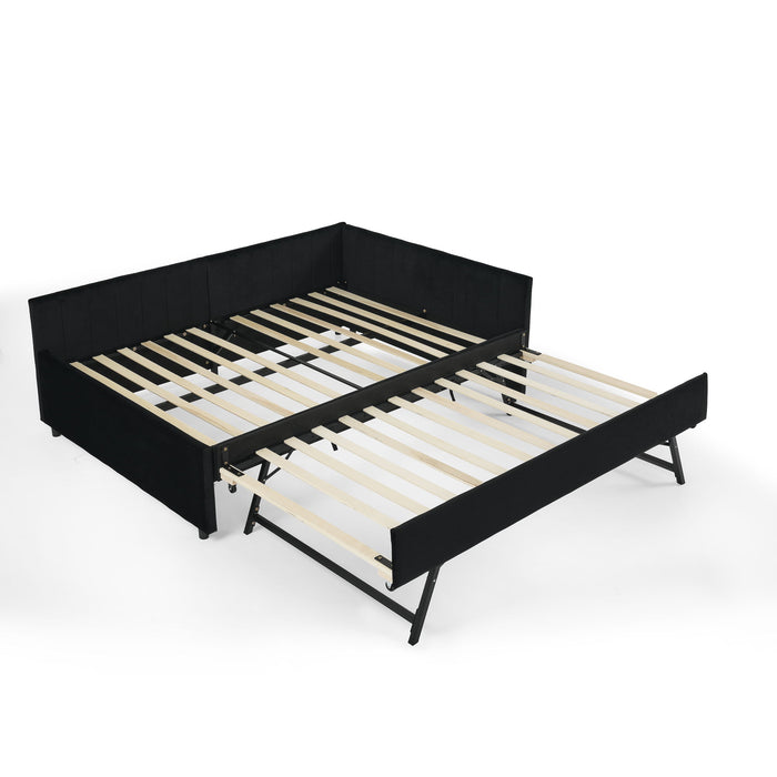 Full Size Upholstered Daybed With Trundle, Tufted Backrest And Armrests - Black