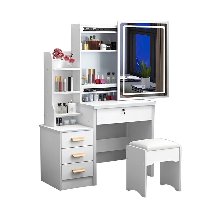 Vanity Desk With Mirror And Lights For Makeup And Chair Set With 3 Adjustable LED Lighting, 4 Drawers - White