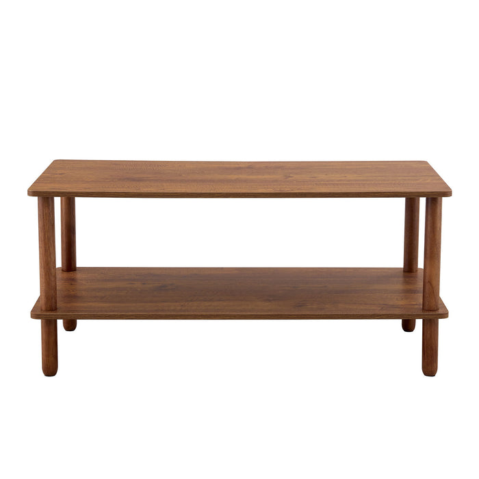 Modern 2 Tier, Rectangular Center Coffee Table With Open Storage Shelf, Rounded Legs