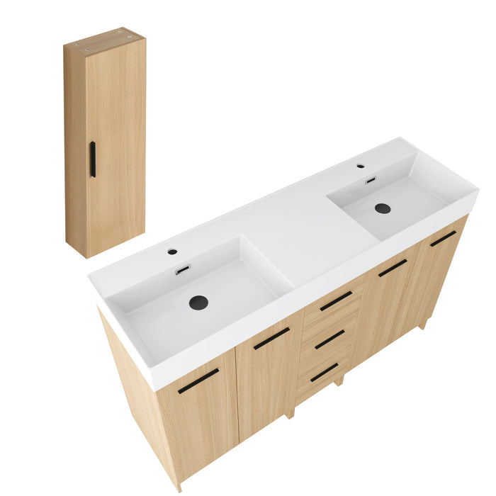 Double Sink Bathroom Vanity Set With Tall Linen Cabinet, 3 Drawers, Extra Large Storage, Integrated Sink, Freestanding Cabinet - Light Oak / White