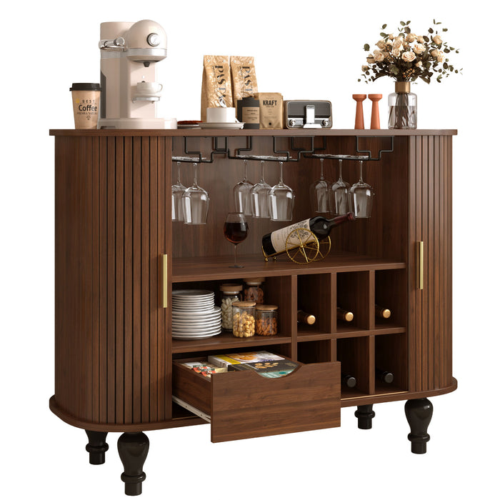 Fluted Liquor & Coffee Bar Cabinet With 6 Wine Racks And 3 Glass Holders