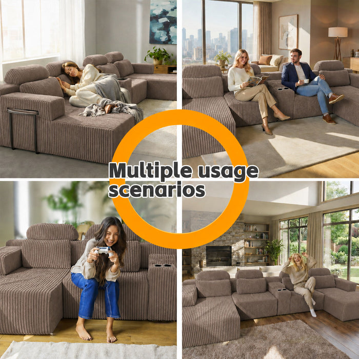 U-Shaped Sectional Sofa With Chaise Lounge And Cup Holders