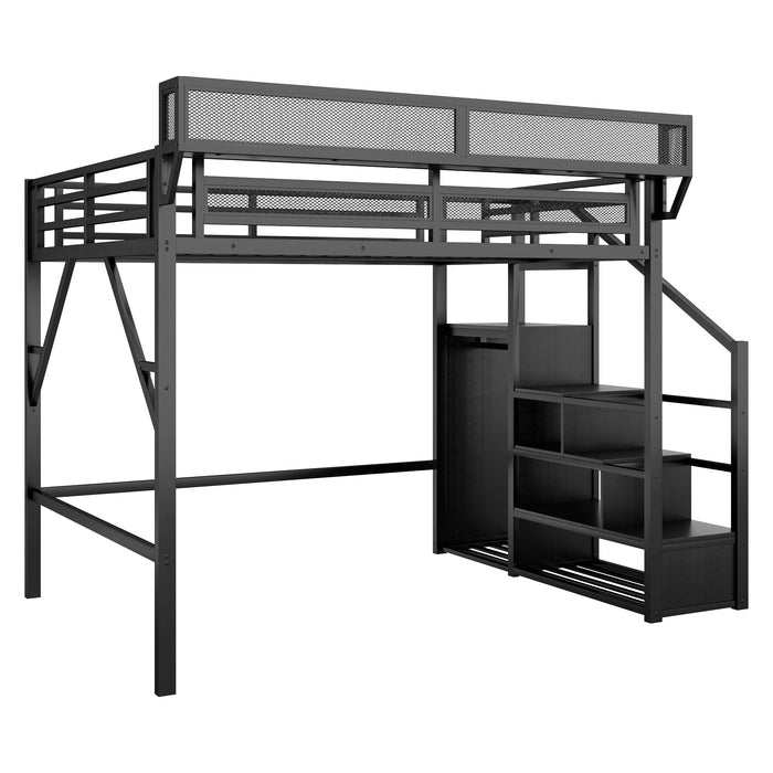 Queen Size Loft Bed With Stairs, Storage Shelves, Wardrobe - Black