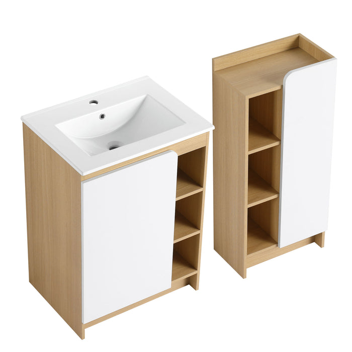 24" Bathroom Vanity With Sink & Side Cabinet, Vanity Set With Thin Edge Sink & Interchangeable Door Panels, Bathroom Storage - Black / Light Oak / White