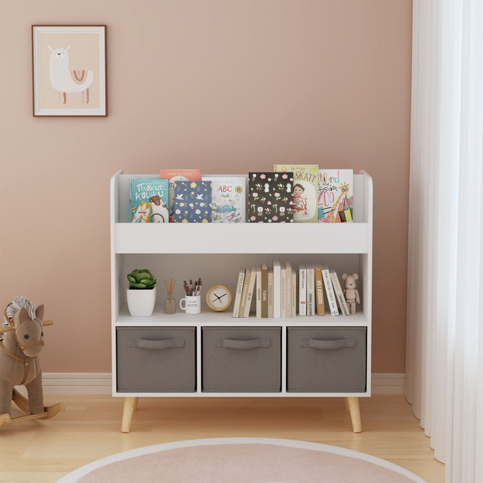 Bookshelf With 3 Bins, Storage Shelf For Toys And Books - White