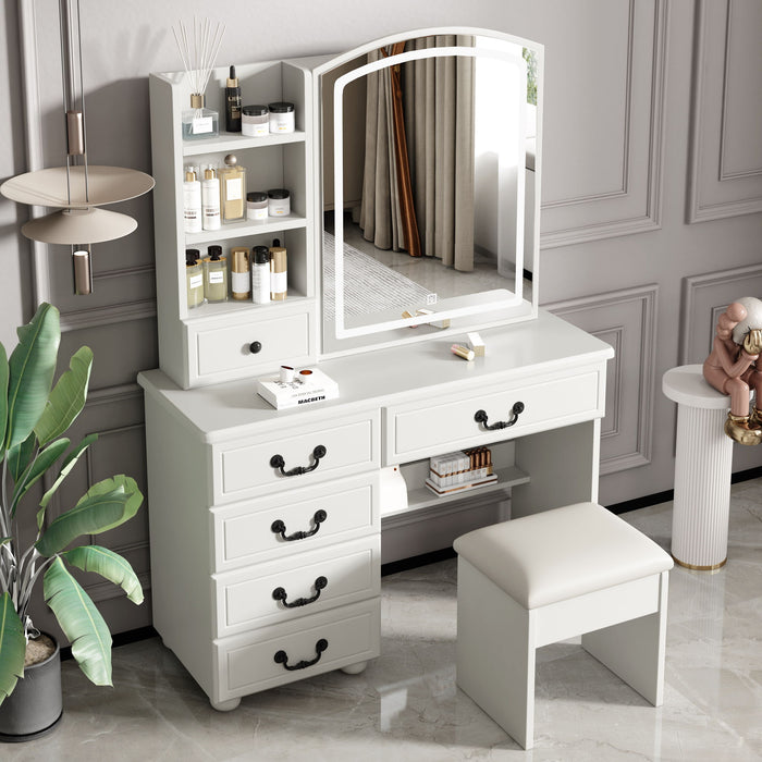 Fashion Vanity Desk With Mirror And Adjustable Lighting, 6 Drawers, 3 Color Light Modes - White