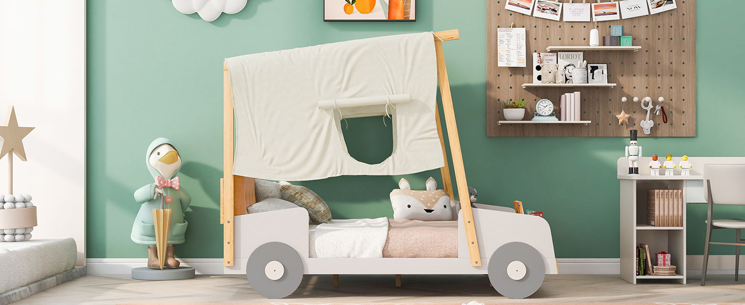 Twin Size Car Bed & Pillow, Ceiling Cloth And LED - Natural