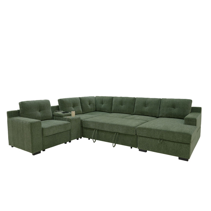 U - Shape Sectional Pull Out Bed With Console, Storage, And USB Charging