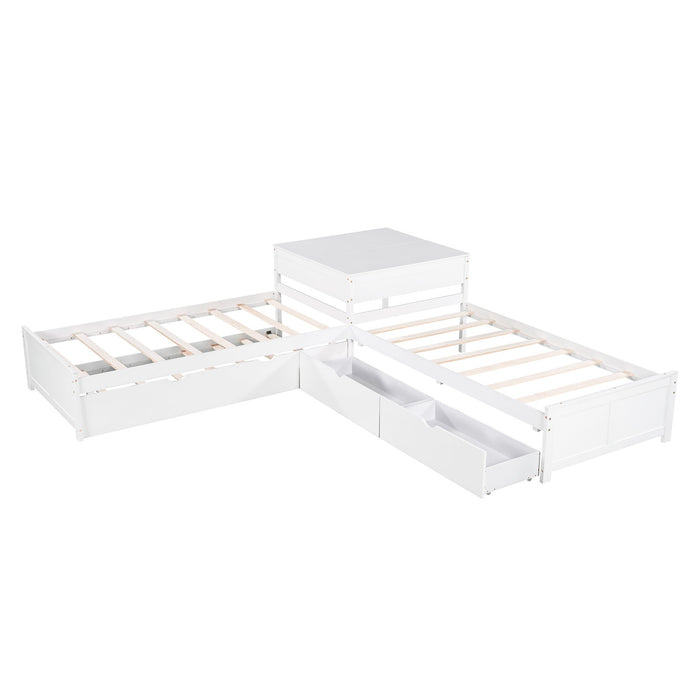 L Shaped Platform Bed With Trundle And Drawers Linked With Built In Desk