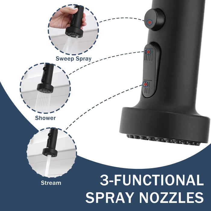 3 In 1 Kitchen Faucet With Press Type Glass Rinser, High Arc Pull Down Sprayer