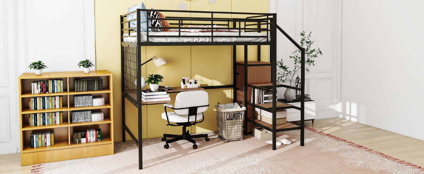 Loft Bed With Desk And Grid, Stylish Frame With Lateral Storage Ladder And Wardrobe