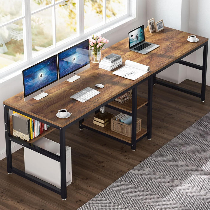 Double Desk For 2 With Bookshelves, 2 Person Workstation With Storage - Brown / Black