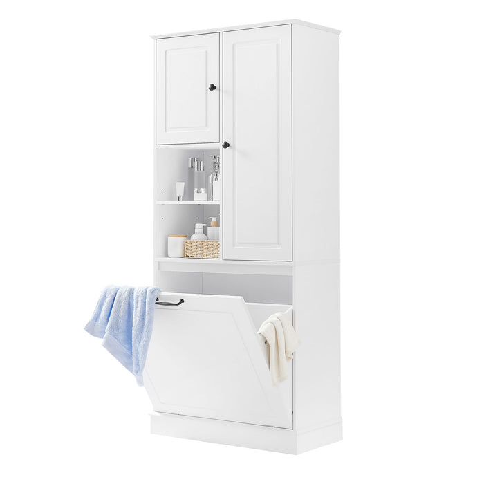 Modern Tall Storage Cabinet With Adjustable Shelves, Flip-Out Basket & Enclosed Doors