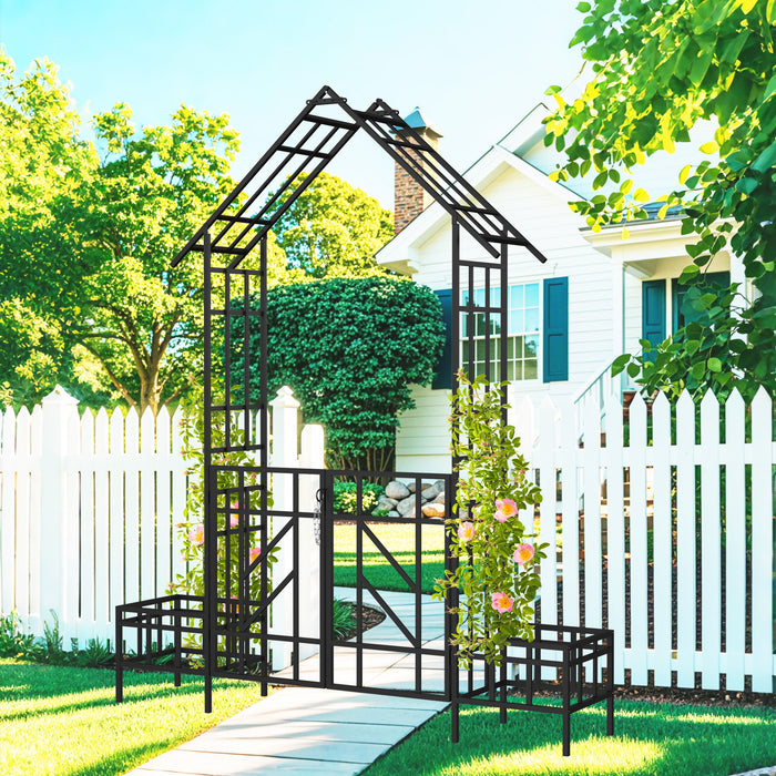 Garden Arch With Gate With Planter, Climbing Plants Support Outdoor - Black