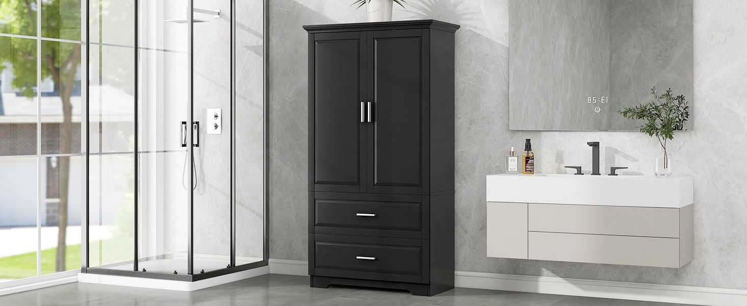 Tall Bathroom Storage Cabinet, Cabinet With 2 Doors And Drawers, Adjustable Shelf