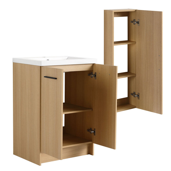 Freestanding Bathroom Vanity Set With Tall Linen Cabinet, Single Sink, Extra Storage, Soft Close Doors - Glossy White / Light Oak