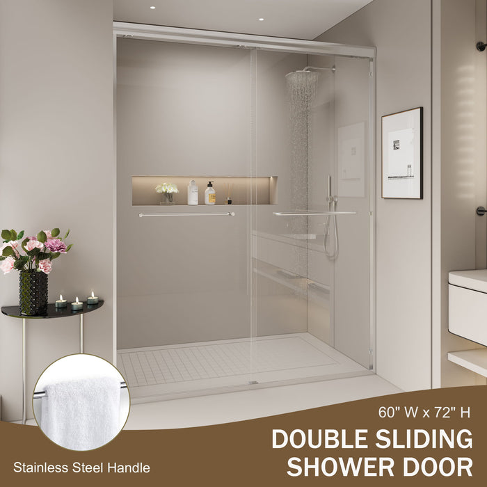 Double Sliding Shower Door, Semi-Frameless Bypass Bathroom Sliding Door With 1/4" (6 Mm) Tempered Glass For Walk-In Shower
