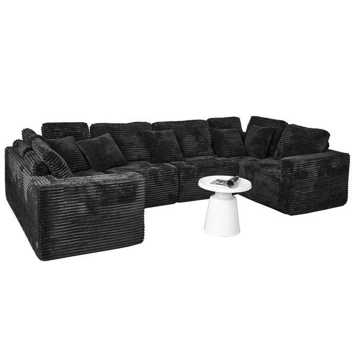 Modular U-Shaped Sectional Sofa, 6 Seater Chaise Lounge With Reversible Design - Black
