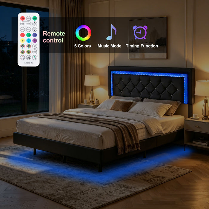 Platform Bed Frame With Adjustable Upholstered Headboard, RGB LED Lights, No Box Spring Needed