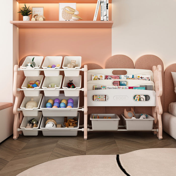 Kids Toy Storage Organizer With 2 Tier Bookshelf, Toy Storage With 12 Bins