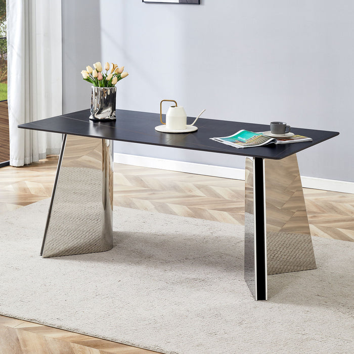 Modern Marble Patterned Dining Table With Stainless Steel Butterfly Legs, Scratch And Heat Resistant - Black / Silver
