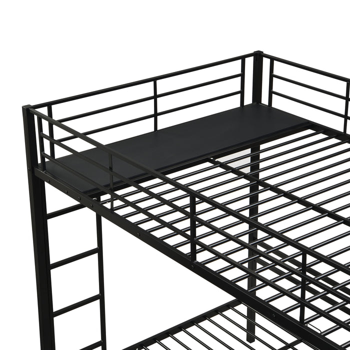 Modern Metal Triple Bunk Bed With Vertical Ladder, Safety Rail, And Storage Shelf - Black