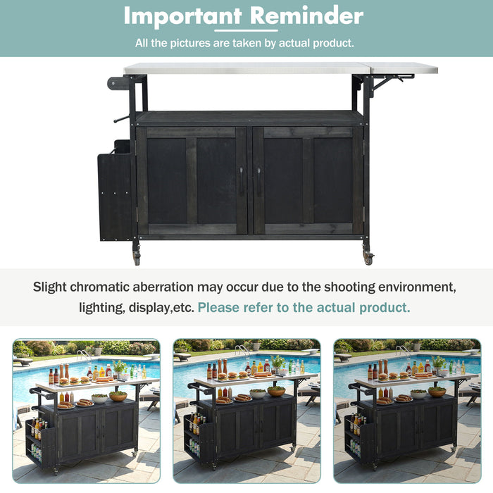 Foldable Outdoor Kitchen Island With Lockable Wheels, Storage Cabinet And Towel Rack For Patio