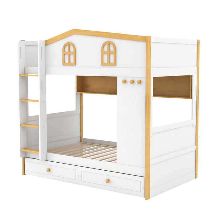 Twin Over Twin Bunk Bed With House Shaped Guardrails, Storage Shelves & Drawers - White / Natural
