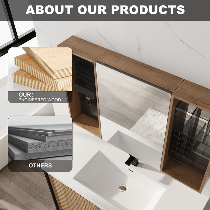 Wall Mounted Bathroom Mirror Cabinet With Storage - Imitative Oak